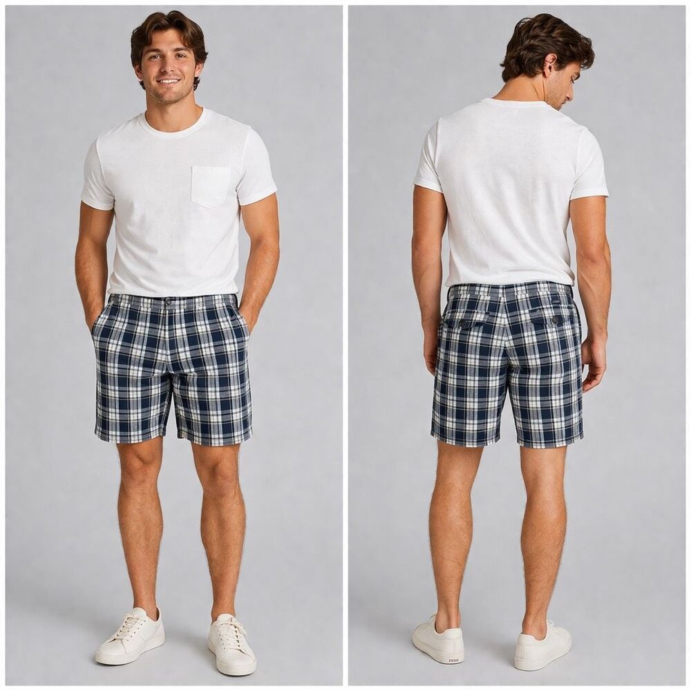 Chaps Blue White Yellow Plaid 100% Cotton Flat Front casual Shorts size 38